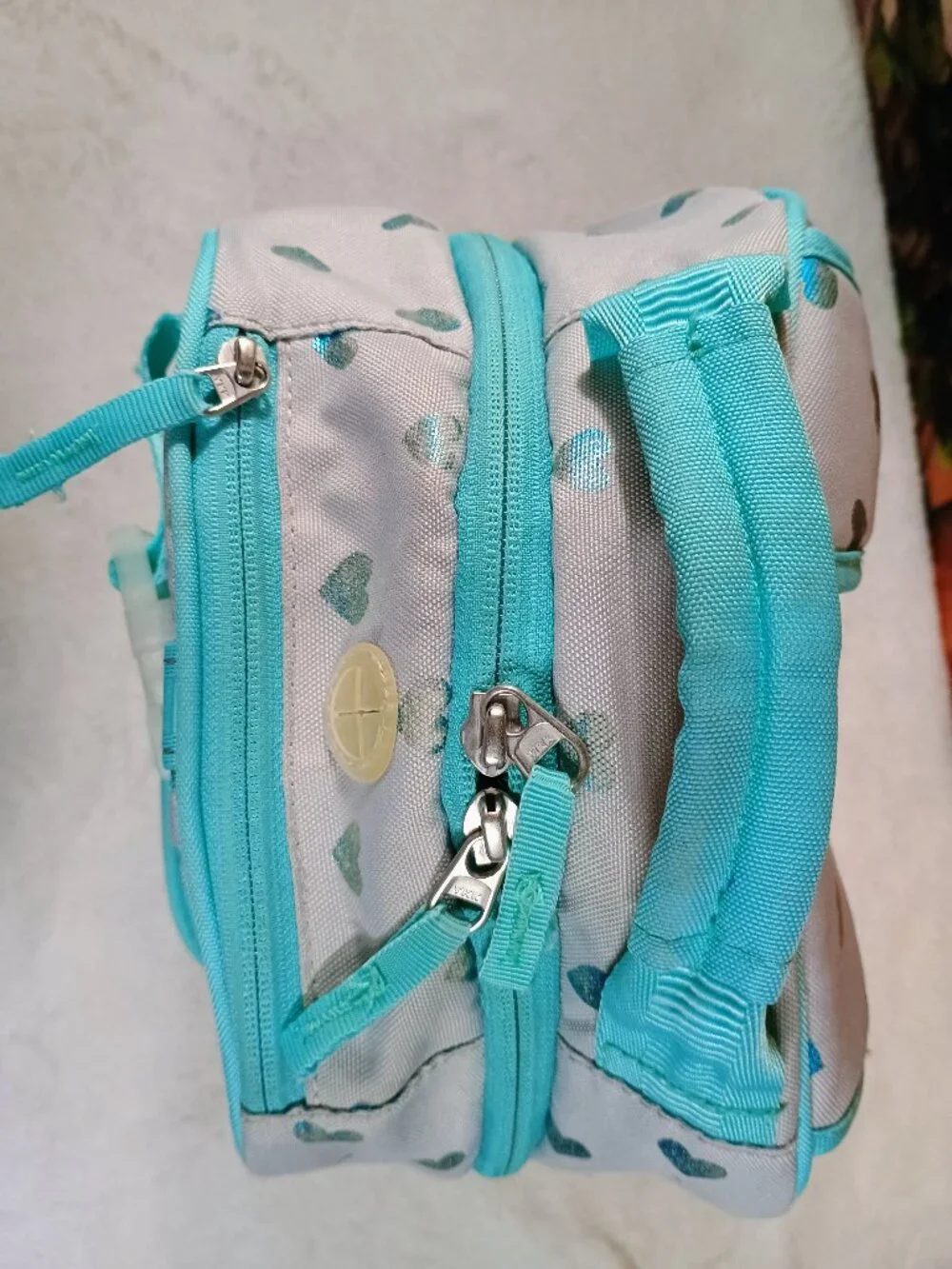 VGUC Kids Pottery Barn Aqua & Gray Glitter Heart Backpack School Bookbag